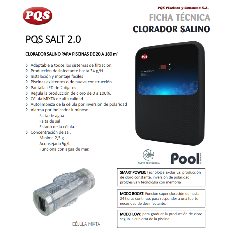 Clorador salino para piscina con pantalla LED y SMART POWER® 30 gr/h