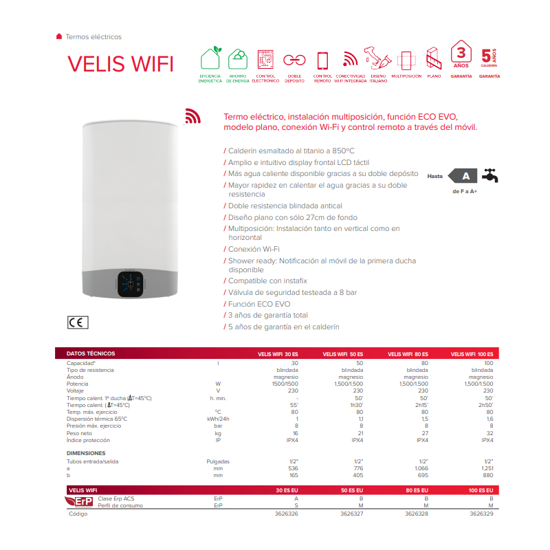 TERMO ELECTRICO 50L VELIS WIFI MULTIPOSICION